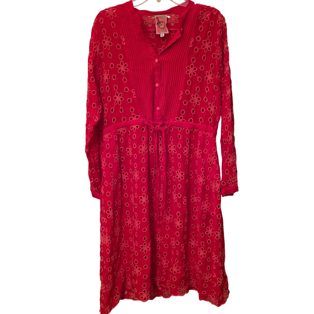 Johnny Was Red Eyelet Embroidered Button Front Midi Dress C2424-3 Size Medium